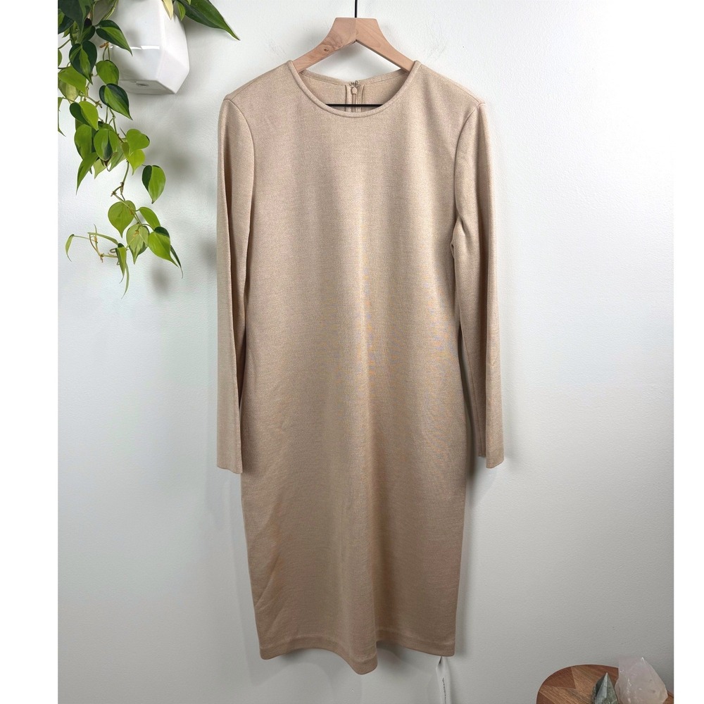 St. John Collection Beige Tan Knit Long Sleeve Dress 8 Minimalist Quiet Luxury